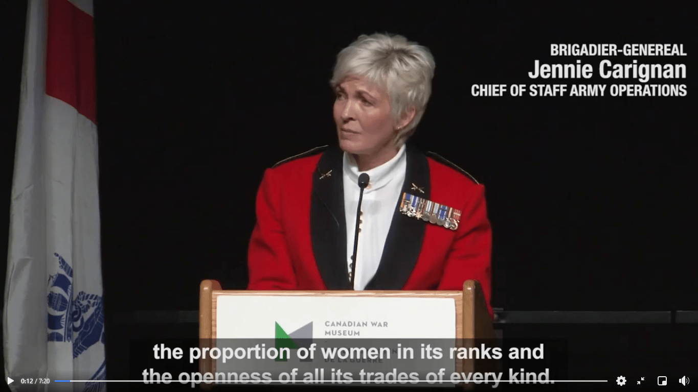 Canadian Army Brigadier-General Jennie Carignan OMM MSM CD gave the keynote speech at the December 13 2017 Canada 150 Servicewomen's Salute Dinner at the Canadian War Museum in Ottawa ON.